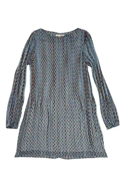 Blue and terracotta polyester-blend graphic metallic stripe jacquard A-line shift dress with blouson sleeves