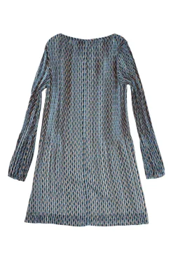 Blue and terracotta polyester-blend graphic metallic stripe jacquard A-line shift dress with blouson sleeves