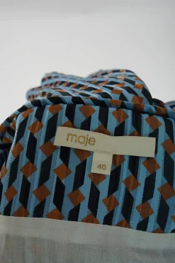 Blue and terracotta polyester-blend graphic metallic stripe jacquard A-line shift dress with blouson sleeves