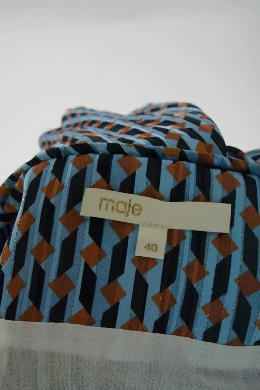 Blue and terracotta polyester-blend graphic metallic stripe jacquard A-line shift dress with blouson sleeves