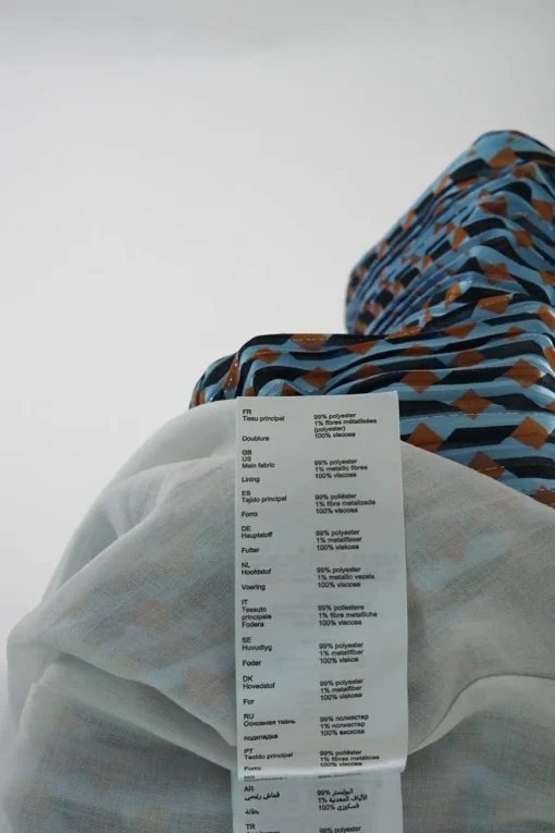 Blue and terracotta polyester-blend graphic metallic stripe jacquard A-line shift dress with blouson sleeves