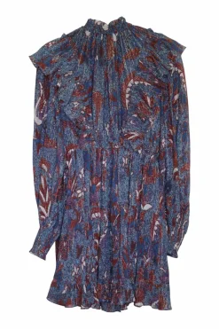 Blue and terracotta silk-blend floral print pullover mock neck smocked shift with bishop sleeves