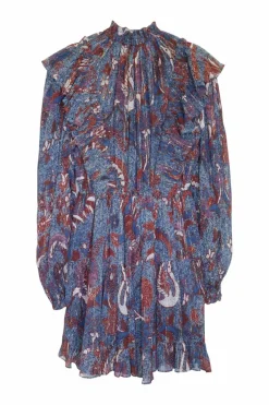 Blue and terracotta silk-blend floral print pullover mock neck smocked shift with bishop sleeves