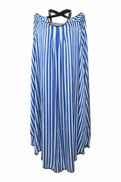 Blue and white bias-cut striped polyester Shalana swing-style handkerchief maxi dress with criss-cross ribbon-tie straps