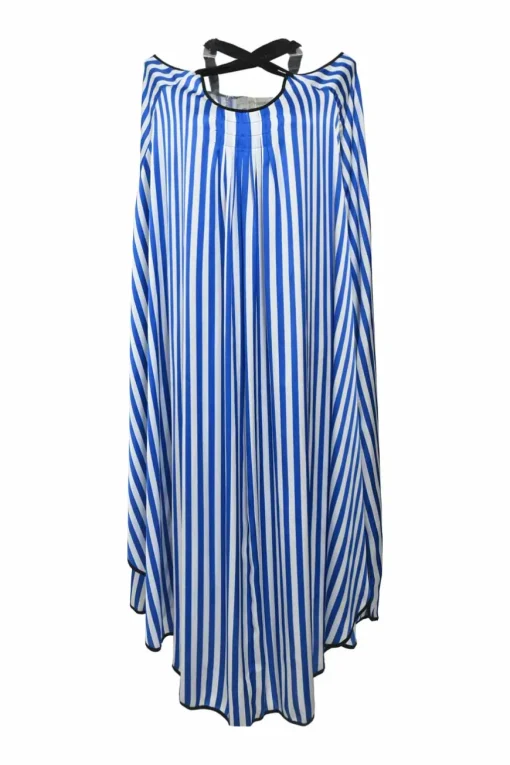 Blue and white bias-cut striped polyester Shalana swing-style handkerchief maxi dress with criss-cross ribbon-tie straps