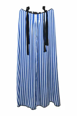 Blue and white bias-cut striped polyester Shalana swing-style handkerchief maxi dress with criss-cross ribbon-tie straps