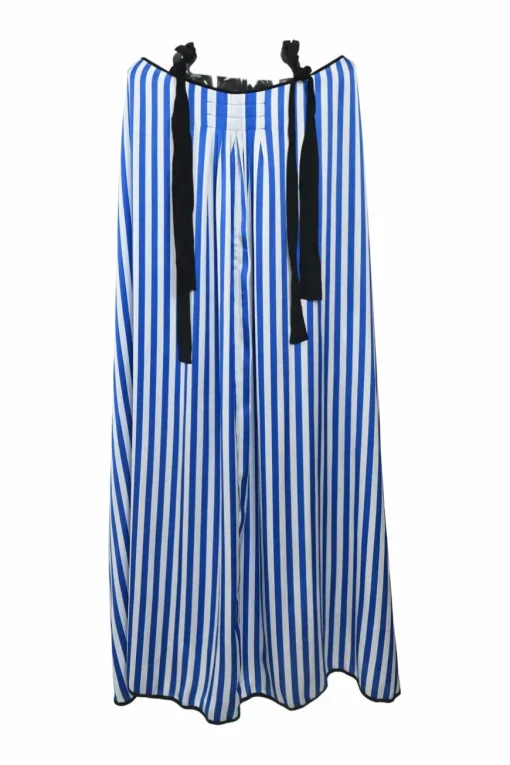 Blue and white bias-cut striped polyester Shalana swing-style handkerchief maxi dress with criss-cross ribbon-tie straps