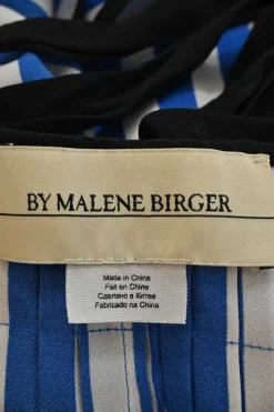 Blue and white bias-cut striped polyester Shalana swing-style handkerchief maxi dress with criss-cross ribbon-tie straps