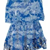 Blue and white print sheer embellished mini dress