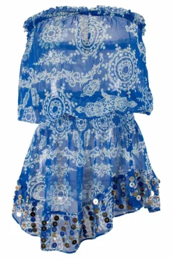 Blue and white print sheer embellished mini dress