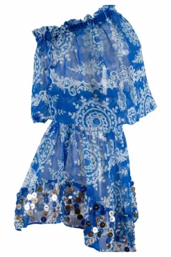 Blue and white print sheer embellished mini dress