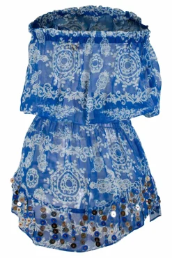 Blue and white print sheer embellished mini dress