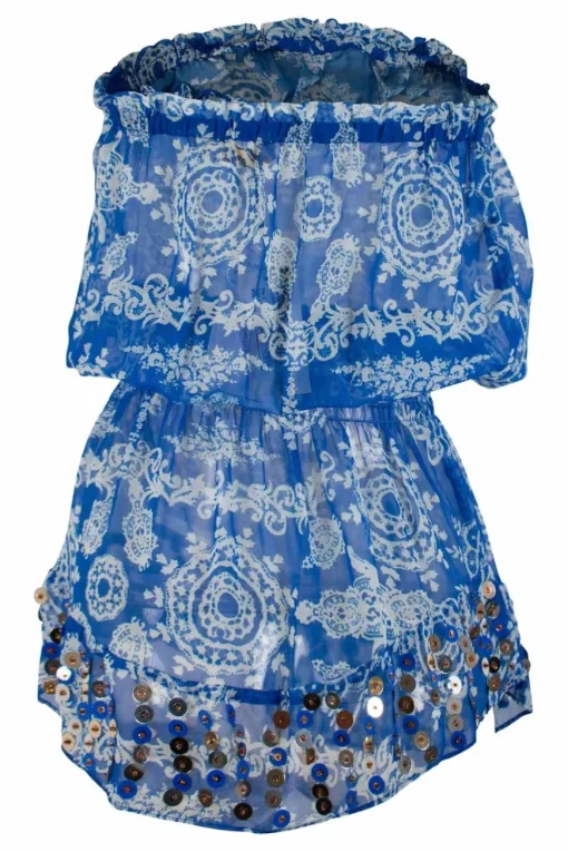 Blue and white print sheer embellished mini dress