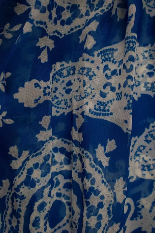 Blue and white print sheer embellished mini dress