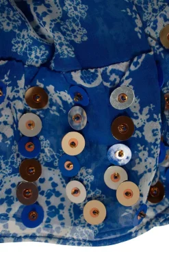 Blue and white print sheer embellished mini dress