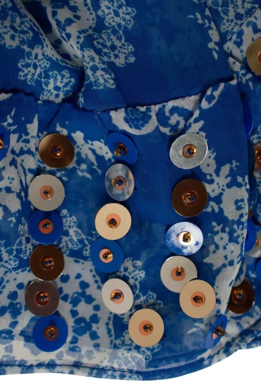 Blue and white print sheer embellished mini dress