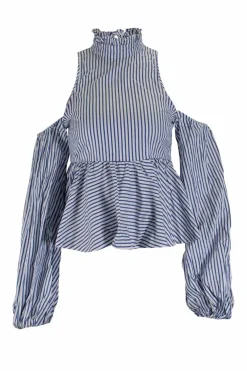 Blue and white stripe cold-shoulder long sleeve top with flare hem