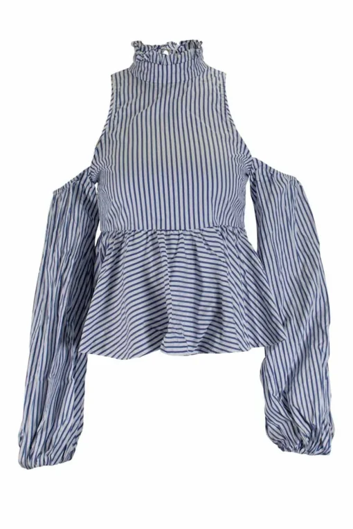 Blue and white stripe cold-shoulder long sleeve top with flare hem