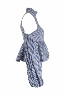 Blue and white stripe cold-shoulder long sleeve top with flare hem