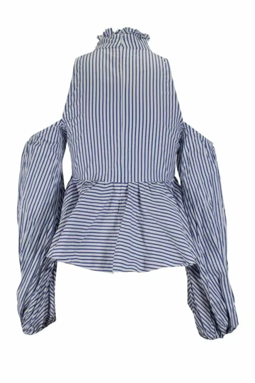 Blue and white stripe cold-shoulder long sleeve top with flare hem