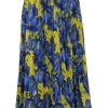 Blue and yellow polyester floral print plissé midi A-line skirt