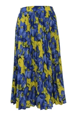 Blue and yellow polyester floral print plissé midi A-line skirt
