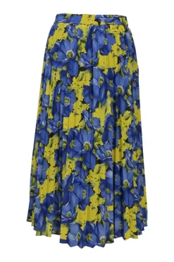Blue and yellow polyester floral print plissé midi A-line skirt