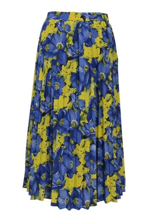 Blue and yellow polyester floral print plissé midi A-line skirt