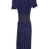 Blue beaded viscose-blend fully-fashioned glitter warp pointelle short sleeve A-line plissé knit dress