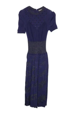 Blue beaded viscose-blend fully-fashioned glitter warp pointelle short sleeve A-line plissé knit dress