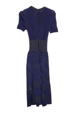 Blue beaded viscose-blend fully-fashioned glitter warp pointelle short sleeve A-line plissé knit dress