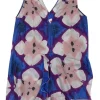 Blue bias-cut cotton abstract batik print plunge neck swing top with cascade ruffle trim at centre front