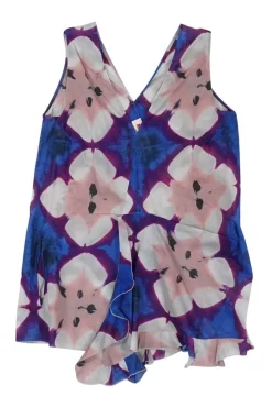 Blue bias-cut cotton abstract batik print plunge neck swing top with cascade ruffle trim at centre front