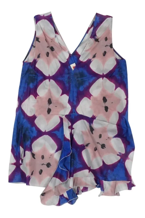 Blue bias-cut cotton abstract batik print plunge neck swing top with cascade ruffle trim at centre front