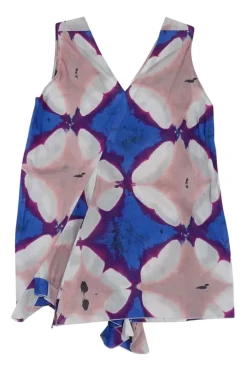 Blue bias-cut cotton abstract batik print plunge neck swing top with cascade ruffle trim at centre front