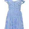 Blue bias-cut paneled polyester gingham print cold-shoulder bustier mini dress