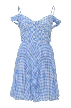 Blue bias-cut paneled polyester gingham print cold-shoulder bustier mini dress