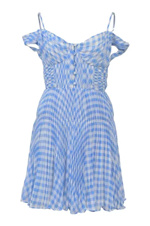 Blue bias-cut paneled polyester gingham print cold-shoulder bustier mini dress