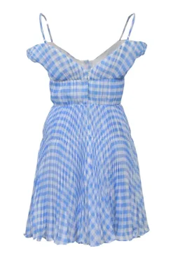 Blue bias-cut paneled polyester gingham print cold-shoulder bustier mini dress