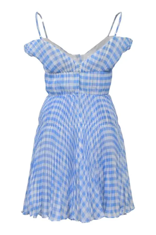 Blue bias-cut paneled polyester gingham print cold-shoulder bustier mini dress