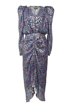 Blue bias-cut silk-lurex blend metallic floral fil coupé ruched midi dress with plunge neck and gathered sleeves