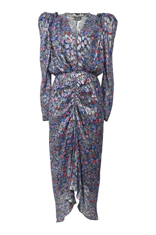 Blue bias-cut silk-lurex blend metallic floral fil coupé ruched midi dress with plunge neck and gathered sleeves