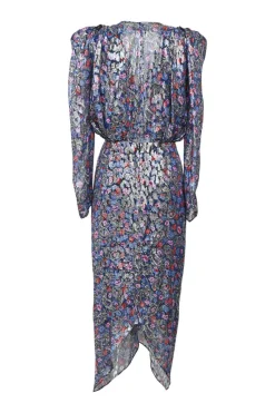 Blue bias-cut silk-lurex blend metallic floral fil coupé ruched midi dress with plunge neck and gathered sleeves