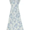 Blue bias-cut viscose-blend floral print cap sleeve open-back midi A-line dress with keyhole back