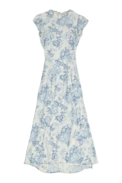 Blue bias-cut viscose-blend floral print cap sleeve open-back midi A-line dress with keyhole back