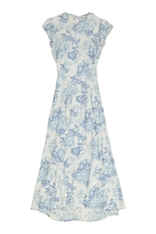 Blue bias-cut viscose-blend floral print cap sleeve open-back midi A-line dress with keyhole back