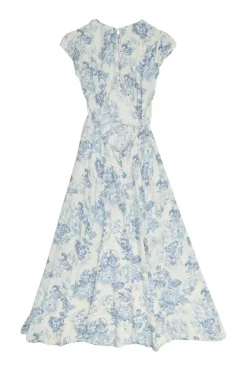 Blue bias-cut viscose-blend floral print cap sleeve open-back midi A-line dress with keyhole back
