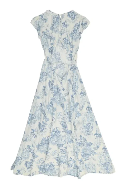 Blue bias-cut viscose-blend floral print cap sleeve open-back midi A-line dress with keyhole back