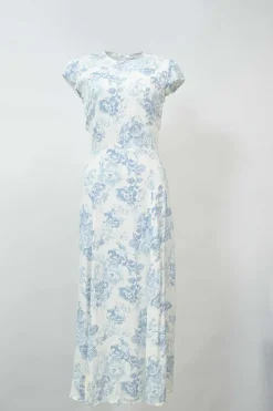 Blue bias-cut viscose-blend floral print cap sleeve open-back midi A-line dress with keyhole back