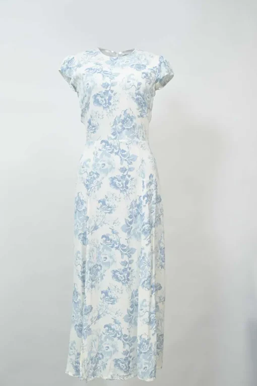 Blue bias-cut viscose-blend floral print cap sleeve open-back midi A-line dress with keyhole back